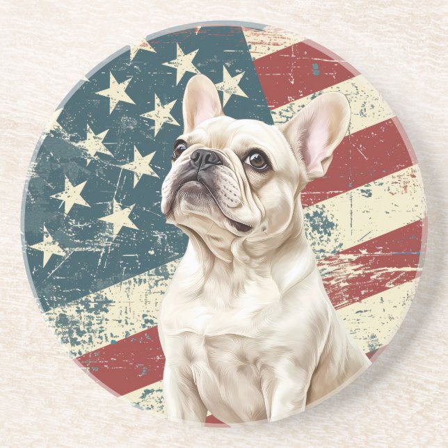 Posavasos Grunge American Flag White French Bulldog (Frente)