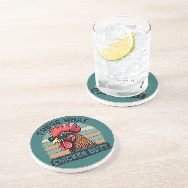 Posavasos Guess What Chicken Butt Funny Retro Rooster (Lado)