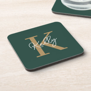 Posavasos Guión monograma moderno de oro verde esmeralda