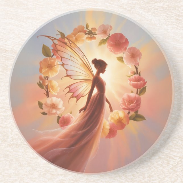 Posavasos Hada luminosa rodeada de flores – Ilustración mági (Frente)
