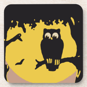Posavasos Halloween antiguo, búho espeluznante en el árbol c