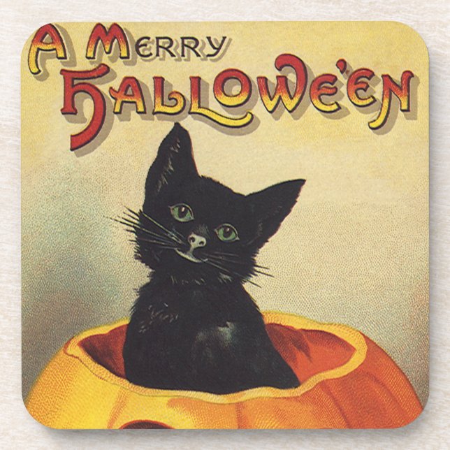 Posavasos Halloween con moras de Ellen Clapsaddle, gato vint (Frente)
