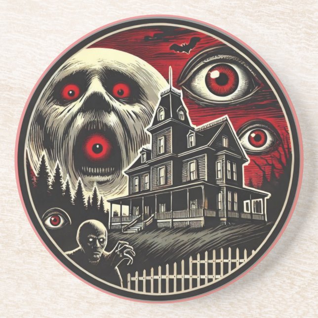 Posavasos Halloween en la casa de los ojos malvados (Frente)