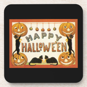 Posavasos Halloween vintage, gatos negros con farolas