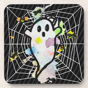 Posavasos Halloween Watercolor Ghost Spider Web