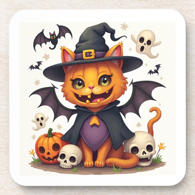 Posavasos Halloween Witch Cat Dura escayola de plástico (Frente)