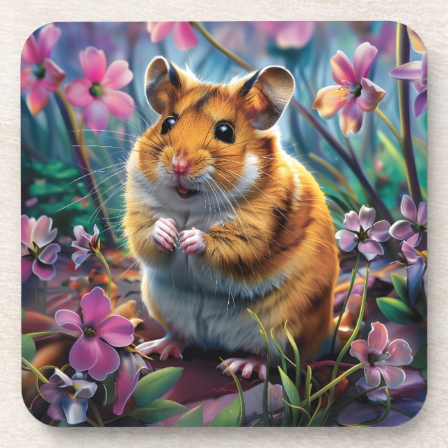 Posavasos Hámster entre las flores rosadas (Frente)