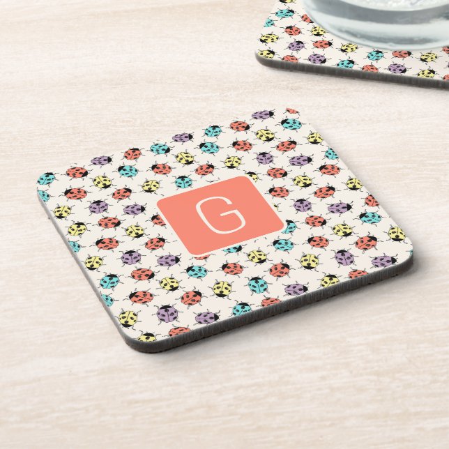 Posavasos Hand Drawn Doodle Ladybugs Monogram Coaster (Lado Izquierdo)
