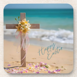 Posavasos Happy Easter Wooden Cross and Lilies on Beach