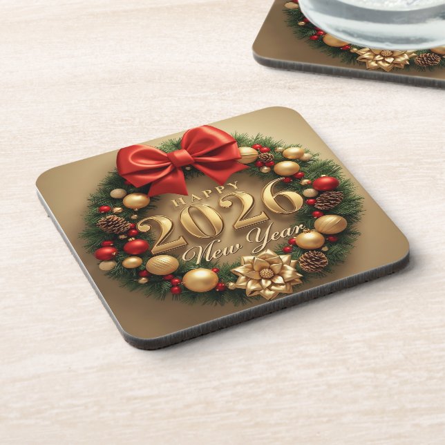 Posavasos happy new year 2026 golden wreath coasters (Lado Izquierdo)