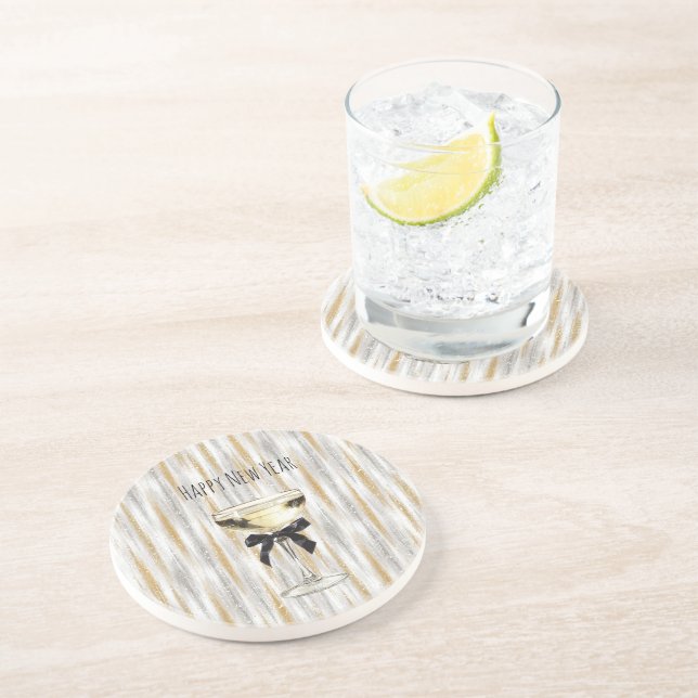 Posavasos Happy New Year Black Bow Gold Silver Champagne (Lado)