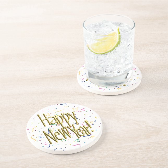 Posavasos Happy New Year - Gold Text Confetti (Lado)