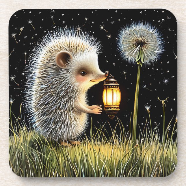 Posavasos Hedgehog Holding Lantern al lado de Dandelion (Frente)