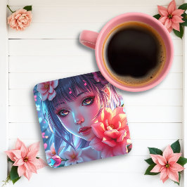 Posavasos Hermosa Anime Chica Glitchcore Floral