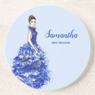 Posavasos Hermosa dama con brasas de modas de color azul bri
