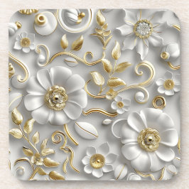 Posavasos Hermosa Flora Blanca Y Dorada En 3D