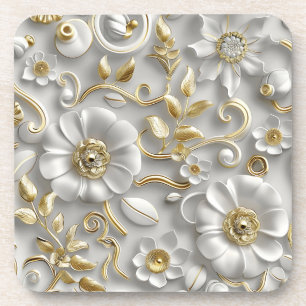 Posavasos Hermosa Flora Blanca Y Dorada En 3D