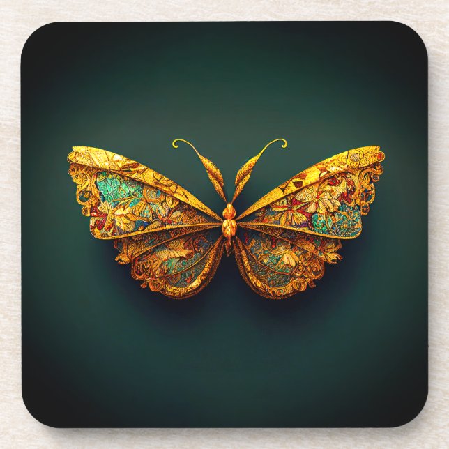 Posavasos Hermosa Mariposa Verde azulada Ornate Gold Green (Frente)