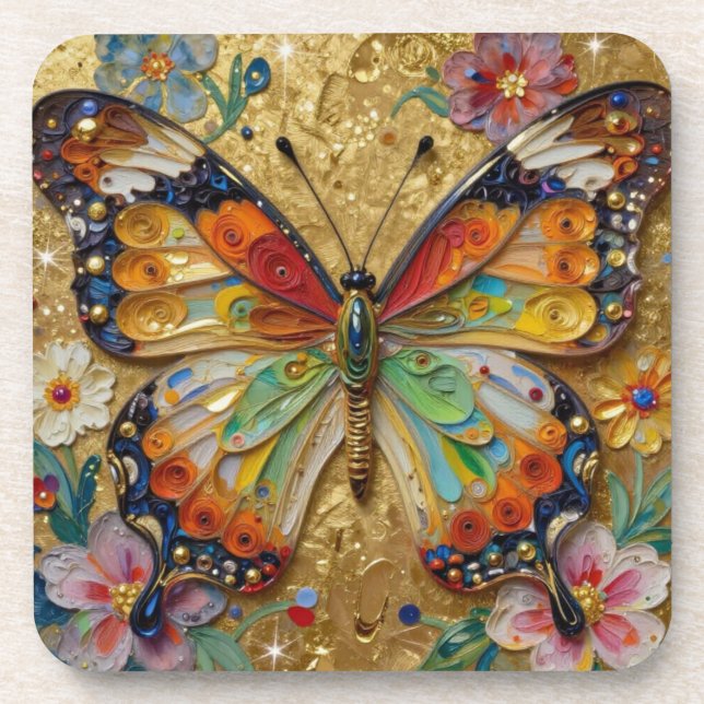 Posavasos Hermosa Mariposa y Flores en Impasto   (Frente)