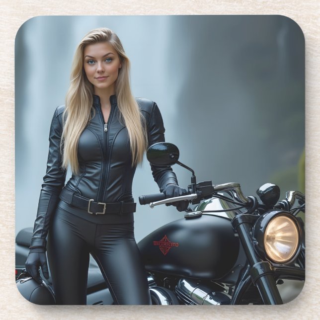 Posavasos Hermosa mujer al lado de la motocicleta / cascada (Frente)