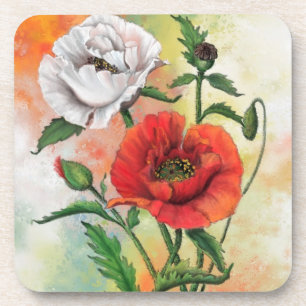 Posavasos Hermosa pintura roja blanca de amapola