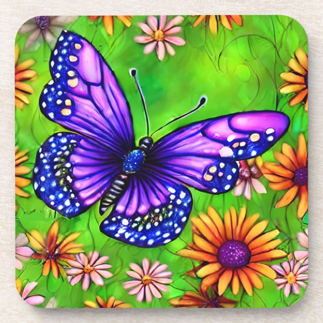 Posavasos Hermosa pradera de mariposa morada (Frente)