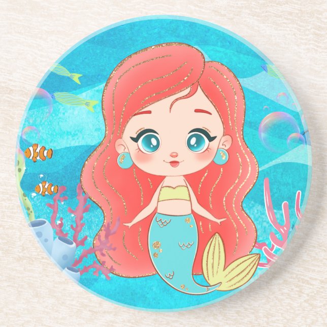 Posavasos Hermosa sirena de PELO ROJO jugando en el mar (Frente)