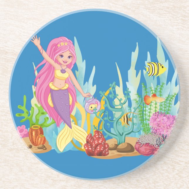 Posavasos Hermosa sirena PINK PELO jugando en el mar (Frente)