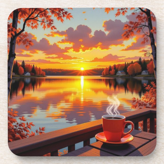 Posavasos Hermosa vista del lago al amanecer y café caliente (Frente)