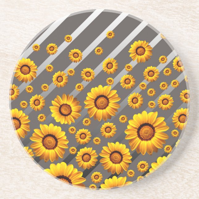 Posavasos Hermosas flores amarillas sobre rayas grises y pla (Frente)