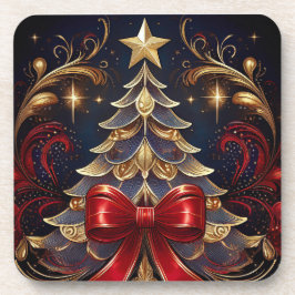 Posavasos Hermoso diseño de cinta roja de árbol de Navidad