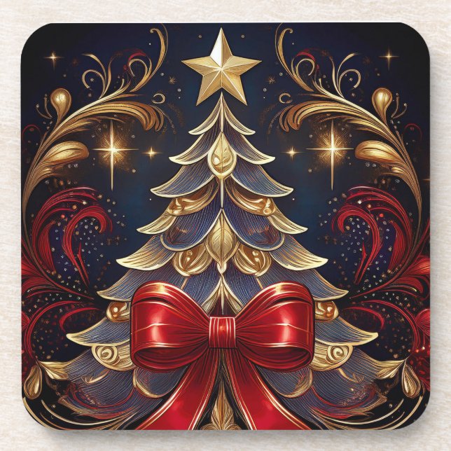 Posavasos Hermoso diseño de cinta roja de árbol de Navidad (Frente)