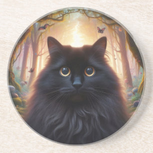 Posavasos Hermoso gato negro esponjoso con ojos dorados