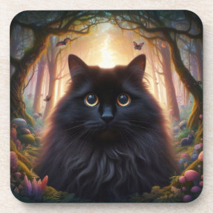 Posavasos Hermoso Gato Negro Fluffy con Ojos de Oro