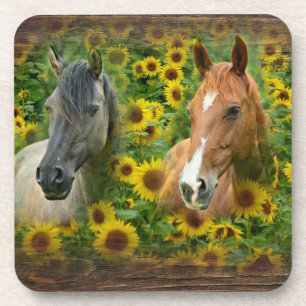 Posavasos Hermosos caballos en el campo de los girasoles
