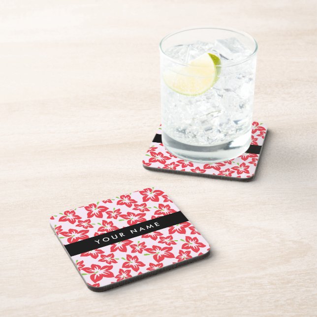 Posavasos Hibisco Rojo, Flores Rojas, Tu Nombre (Lado Derecho)