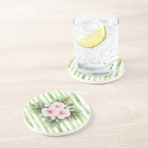 Posavasos Hibisco Rosa Floral Rayas Verdes  