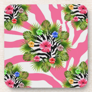 Posavasos Hibisco tropical y rayas exóticas de cebra rosa