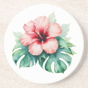 Posavasos Hibiscus rojo hawaiano con amor a Monstera Hawaii