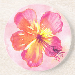 Posavasos Hibiscus rosa tropical sobre acuarela abstracta