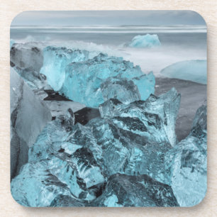 Posavasos Hielo azul en el paisaje marino de la playa, Islan