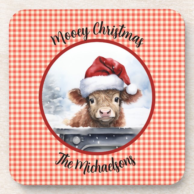 Posavasos Highland Cow n Santa Hat Gingham Mooey Christmas (Frente)