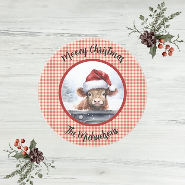 Posavasos Highland Cow Red White Gingham Monogram Christmas (Subido por el creador)