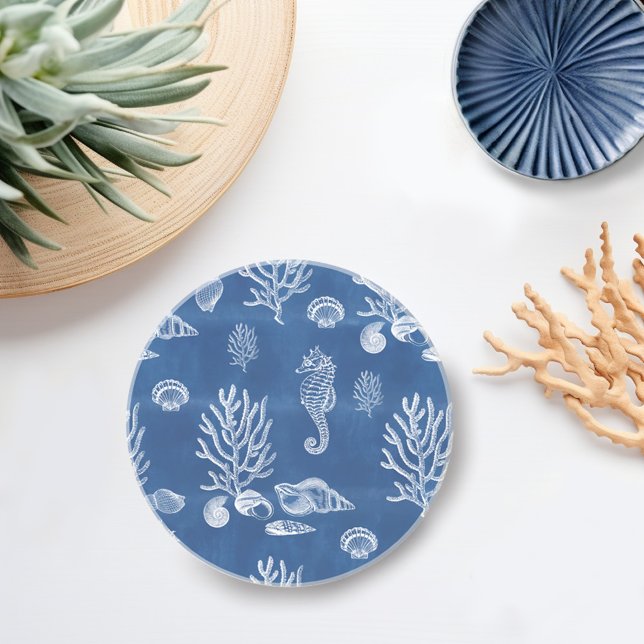 Posavasos Hijahorse oceánico en azul y blanco (Subido por el creador)