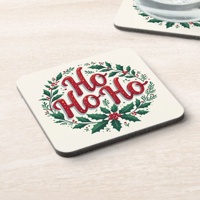 Posavasos Ho Ho Ho Christmas Wreath Typography Design (Lado Izquierdo)