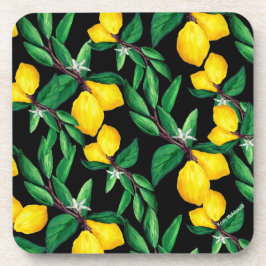 Posavasos Hoja de Limón Amarillo Verde Negro Acuarela Bebida
