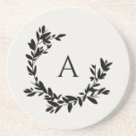 Posavasos Hojas botánicas Monograma inicial Marfil y Negro<br><div class="desc">Una corona de hojas y laureles dibujada a mano rodea su monograma o inicial. Haga clic en el botón personalizar para cambiar el color de fondo o para agregar más texto.</div>