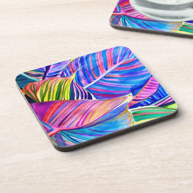 Posavasos Hojas de canoa tropical acuarela (Lado Izquierdo)