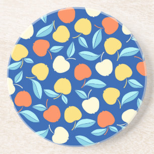 Posavasos Hojas de manzanas, fondo azul, patrón sin costuras