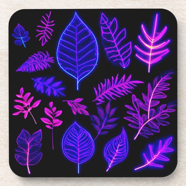 Posavasos Hojas de neón en tonos rosados y morados (Frente)